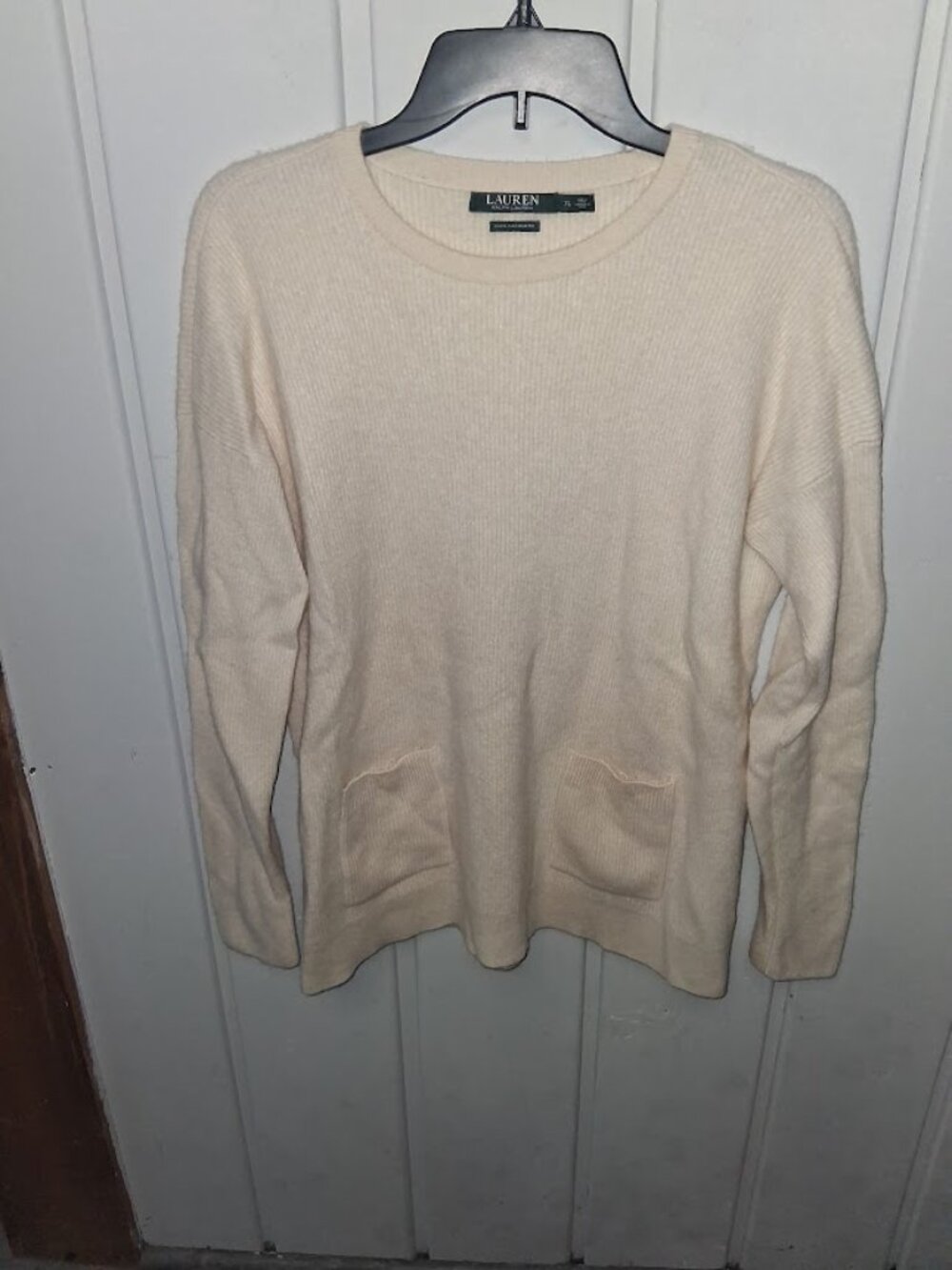 Lauren Ralph Lauren Ivory Ribbed Front Pocket Cashmere Sweater Sz XL